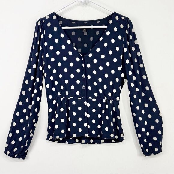 J. Crew Navy Blue White Polka Dot Crepe V Neck Button Front Peplum Blouse - Picture 6 of 16